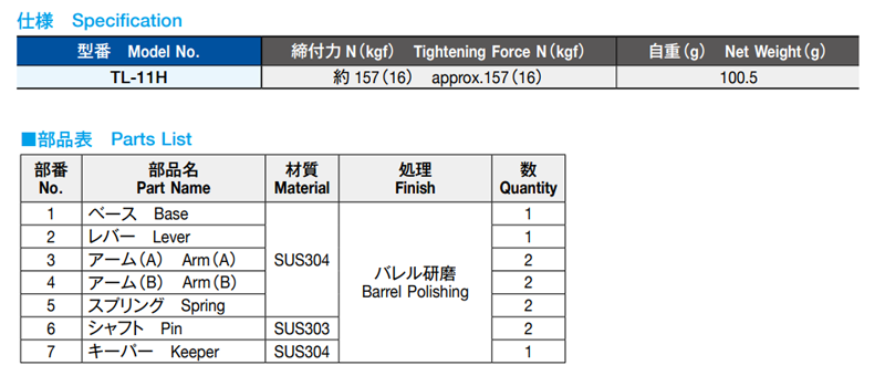 栃木屋 ステンレス キャッチクリップ(大) TL-11H 製品規格