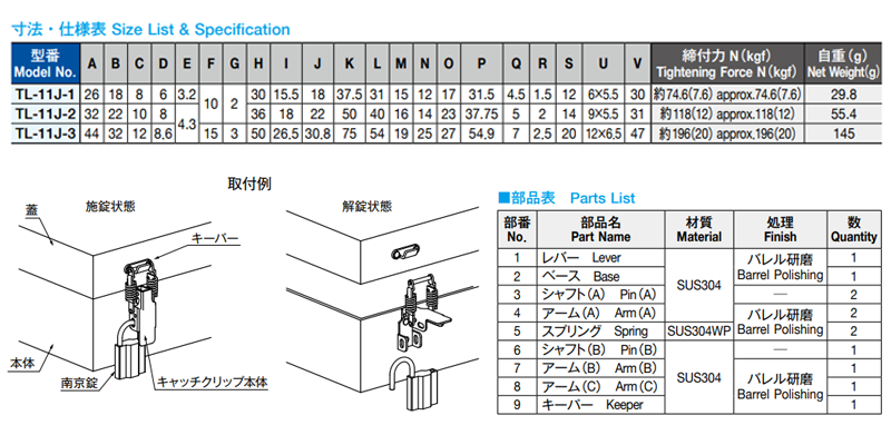 栃木屋 ステンレス キャッチクリップ TL-11J-1 製品規格