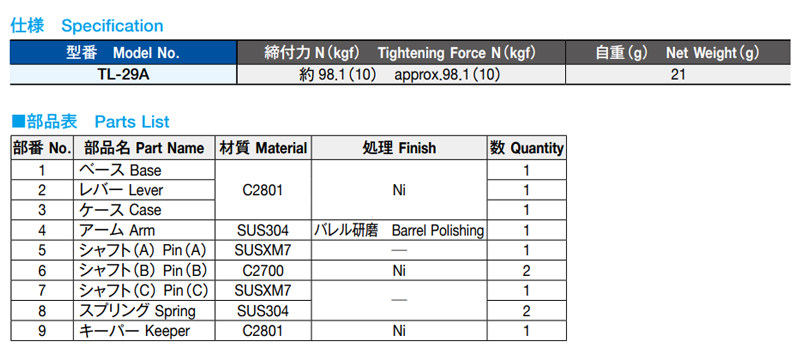 栃木屋 T型ファスナー5型 TL-29A 製品規格