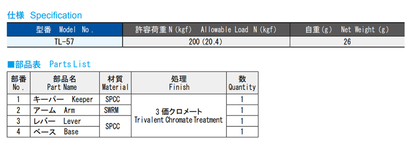 栃木屋 角型USパチン TL-57 製品規格