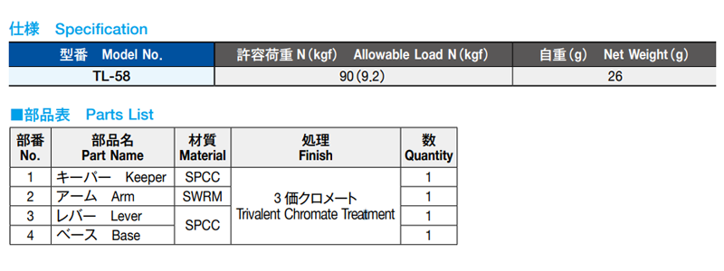 栃木屋 角型USパチン TL-58 製品規格