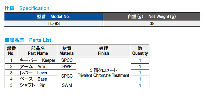 栃木屋 リングフック TL-83 製品規格