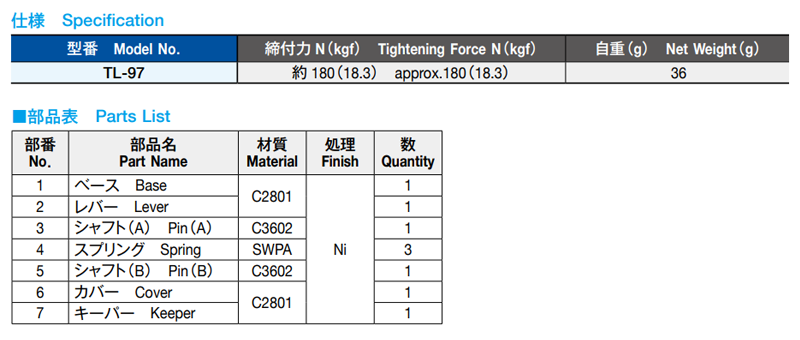 栃木屋 T型ファスナー4型 TL-97 製品規格