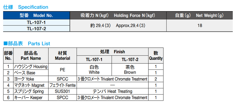 栃木屋 マグネットキャッチ TL-107-1(白色) 製品規格