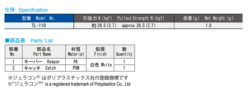 栃木屋 ジュラコンキャッチ(平付型) TL-118 製品規格