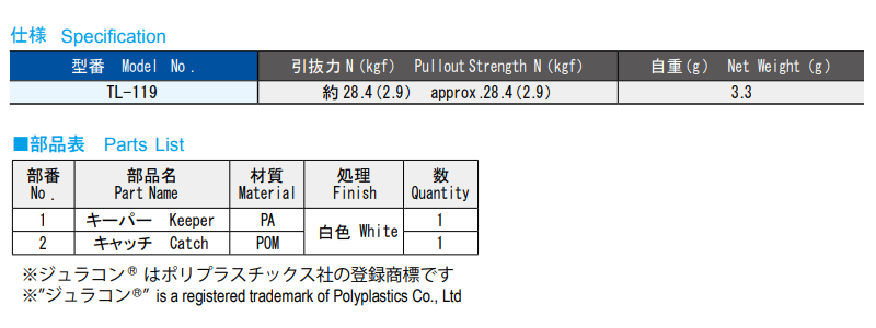 栃木屋 ジュラコンキャッチ(埋込型) TL-119 製品規格