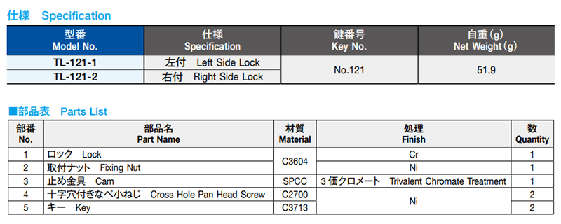 栃木屋 シリンダー錠 TL-121-1 製品規格