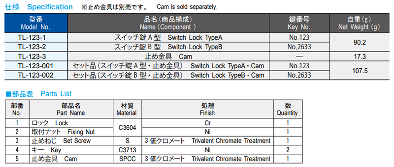 栃木屋 スイッチ錠 TL-123-001 製品規格