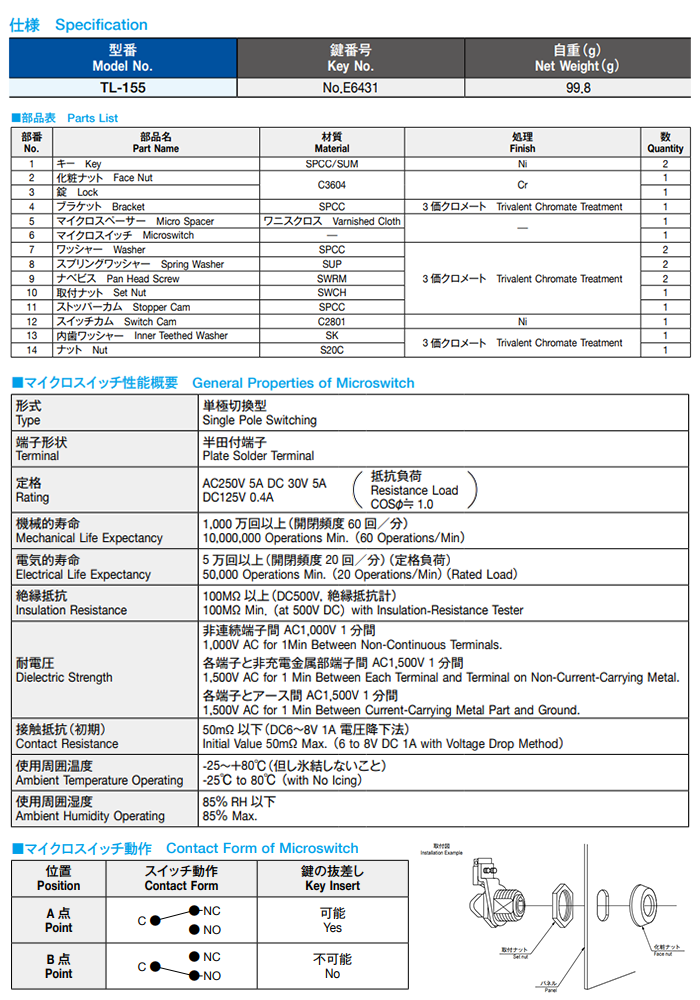 栃木屋 キースイッチ TL-155 製品規格
