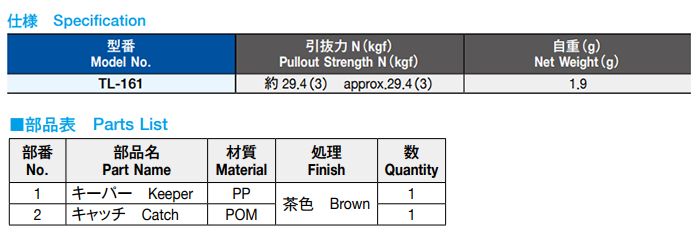 栃木屋 プラキャッチ TL-161 製品規格
