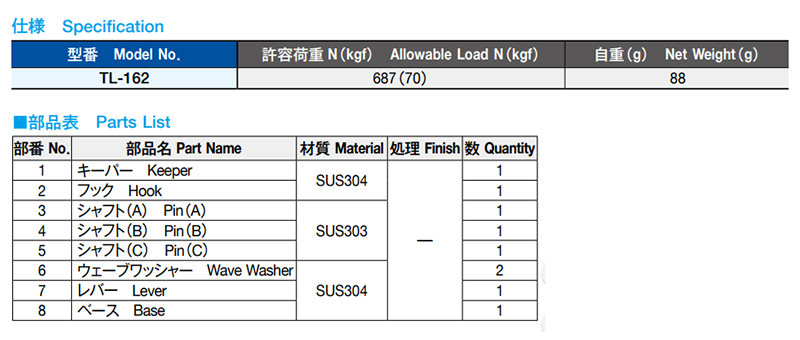 栃木屋 ハードキャッチ TL-162 製品規格