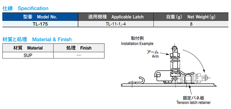 栃木屋 キャッチクリップ大用固定バネ板 TL-175 製品規格