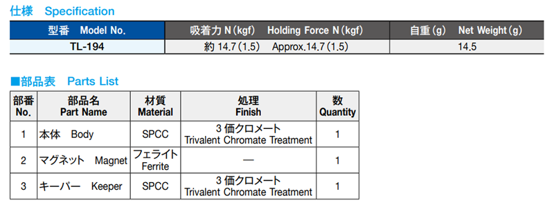 栃木屋 マグネットキャッチ TL-194 製品規格
