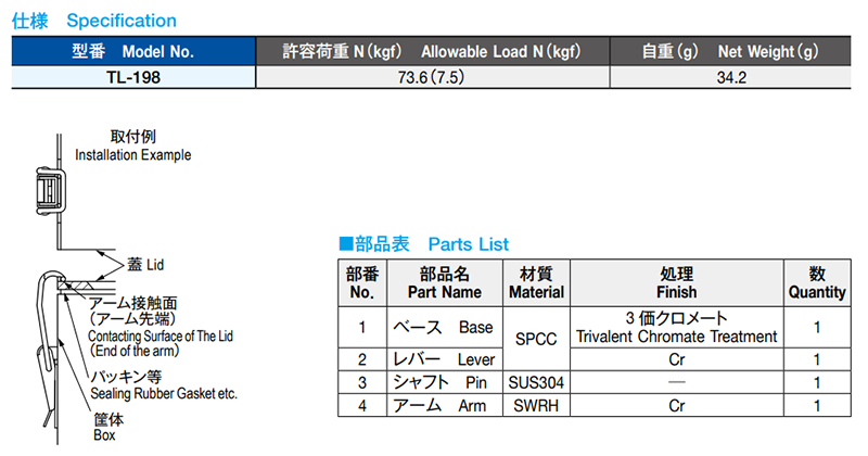 栃木屋 コーナークランプ TL-198 製品規格