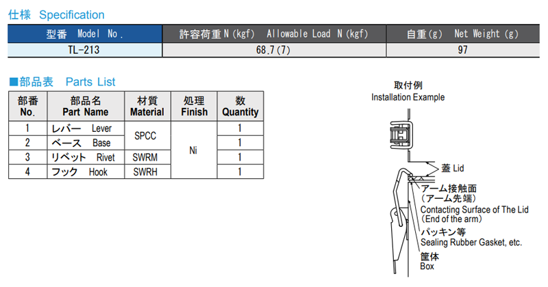 栃木屋 コーナークランプ TL-213 製品規格