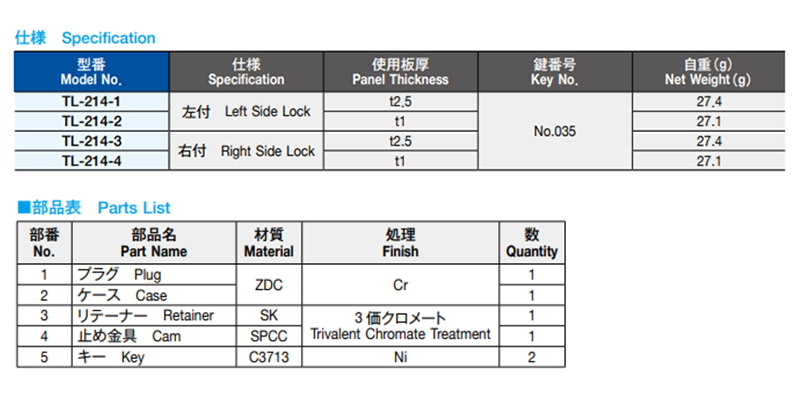 栃木屋 シリンダー錠 TL-214-1 製品規格