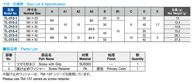 栃木屋 ステンレス製ツマミ付ネジ TL-215-1 製品規格