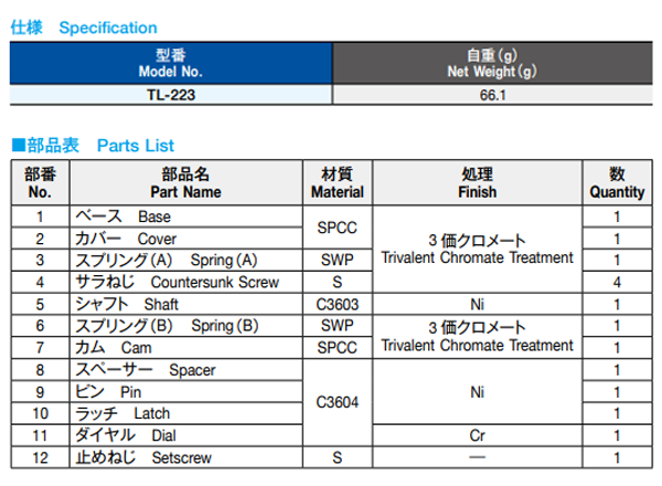栃木屋 ダイヤルラッチ TL-223 製品規格