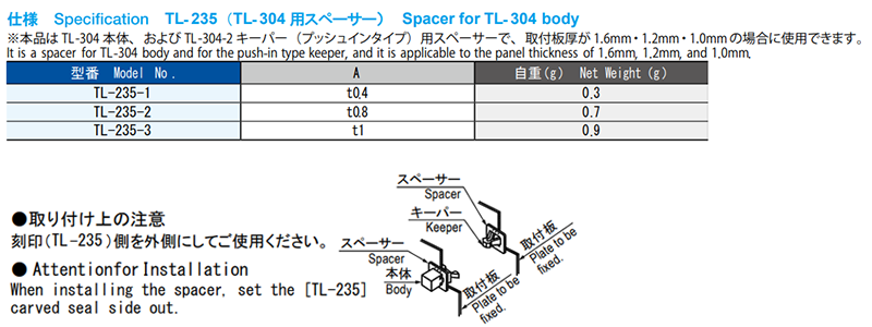 栃木屋 スペーサー TL-235-1 製品規格
