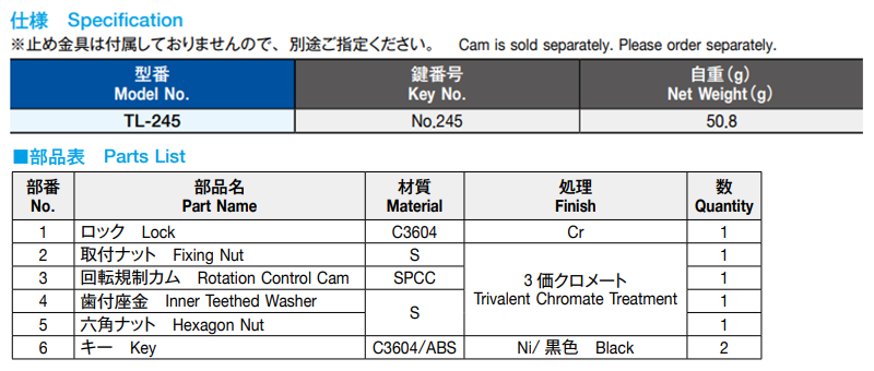 栃木屋 PKロック TL-245 製品規格