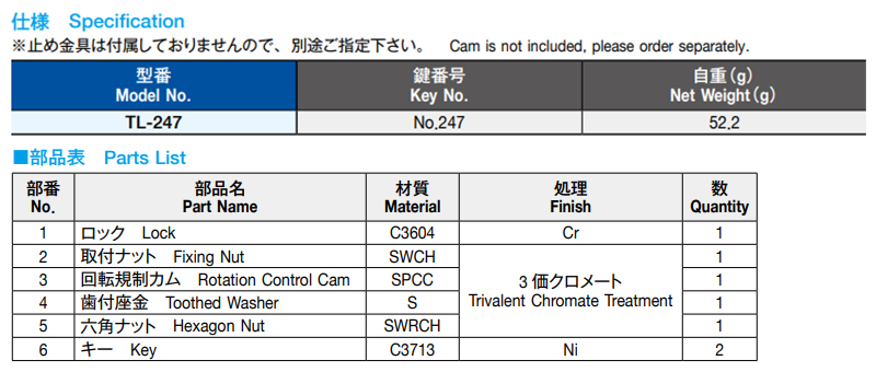 栃木屋 FKロック TL-247 製品規格