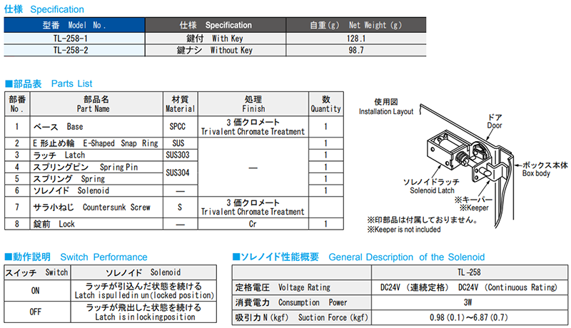 栃木屋 ソレノイドラッチ TL-258-1 製品規格