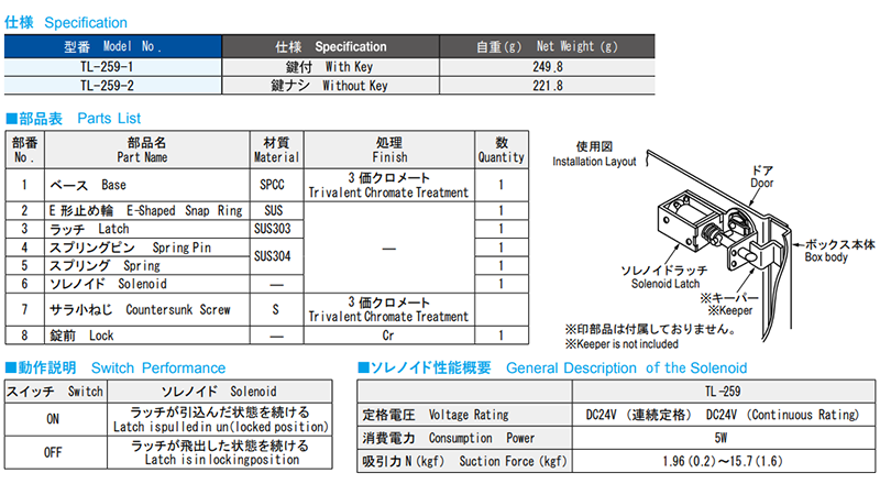 栃木屋 ソレノイドラッチ TL-259-1 製品規格