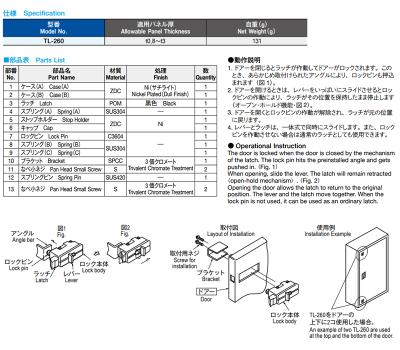 栃木屋 ストップ式ラッチロック TL-260 製品規格