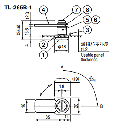 栃木屋 パネルラッチ TL-265B-1 製品図面