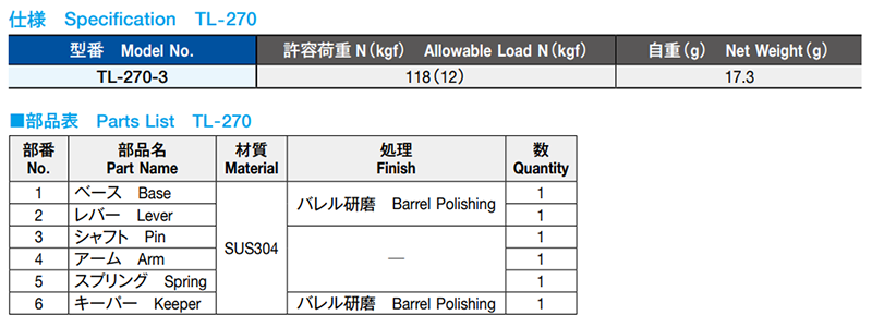 栃木屋 ステンレス蓋止(施錠用穴付) TL-270-3 製品規格