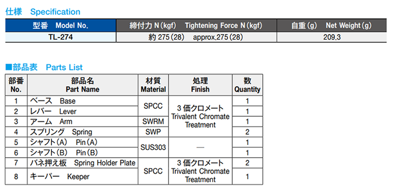 栃木屋 角型キャッチクリップ TL-274 製品規格