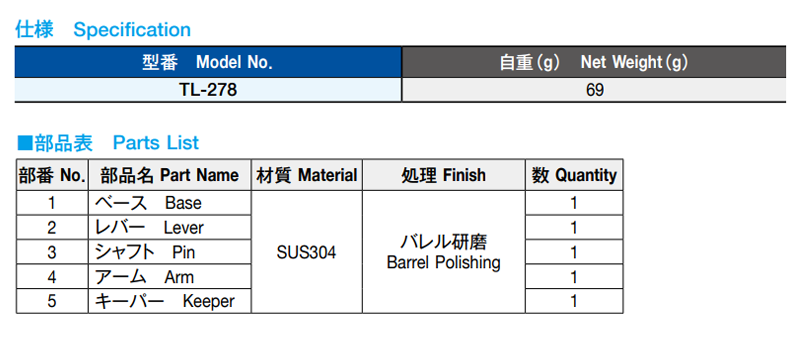 栃木屋 パチン錠 TL-278 製品規格