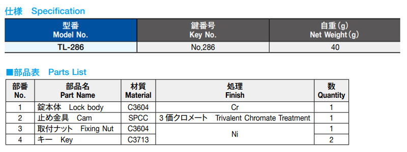 栃木屋 FKロック TL-286 製品規格