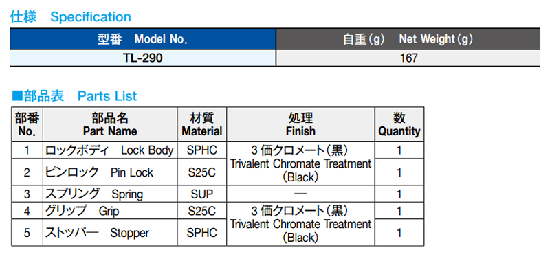 栃木屋 スライドロック TL-290 製品規格