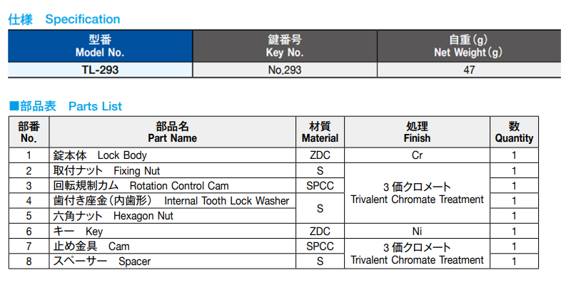 栃木屋 ハンドルキーロック TL-293 製品規格
