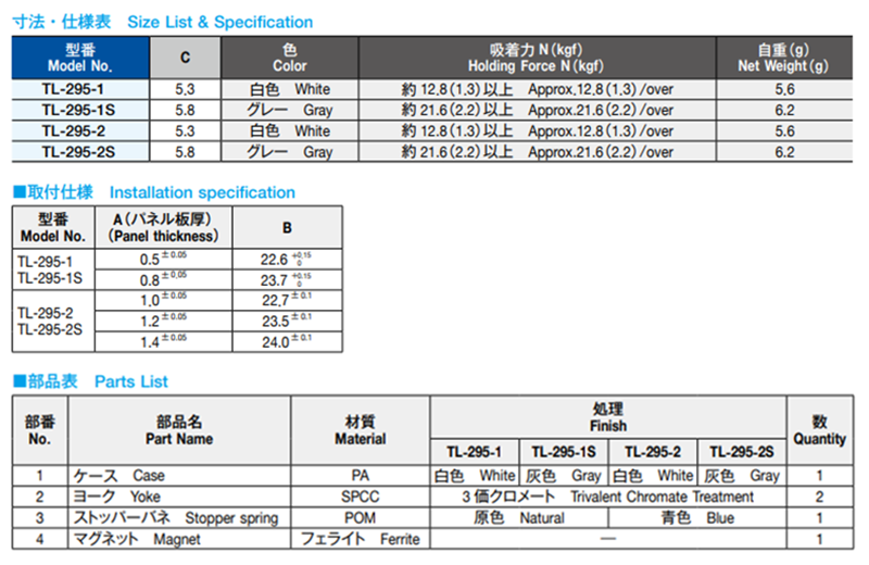 栃木屋 マグネットキャッチ TL-295-1 製品規格