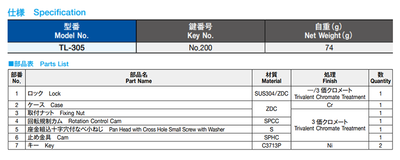 栃木屋 シリンダー錠 TL-305 製品規格