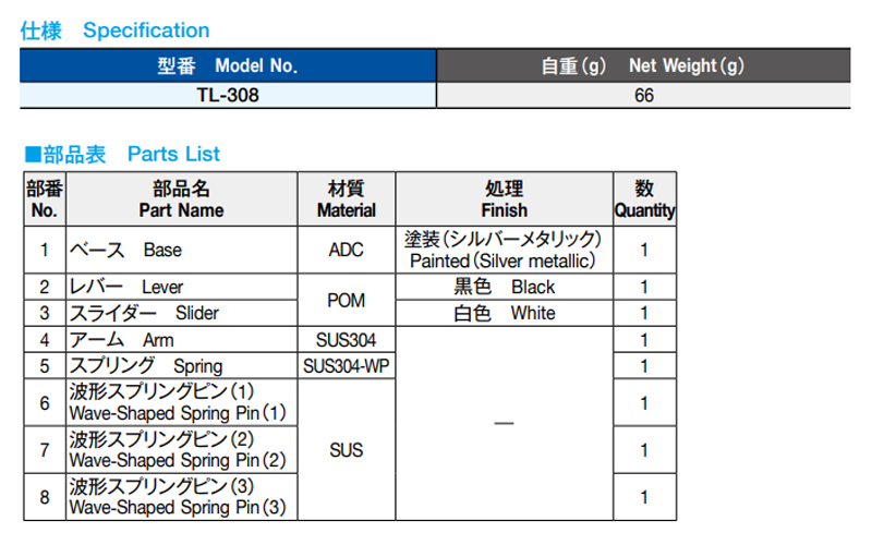 栃木屋 スライドラッチ TL-308 製品規格