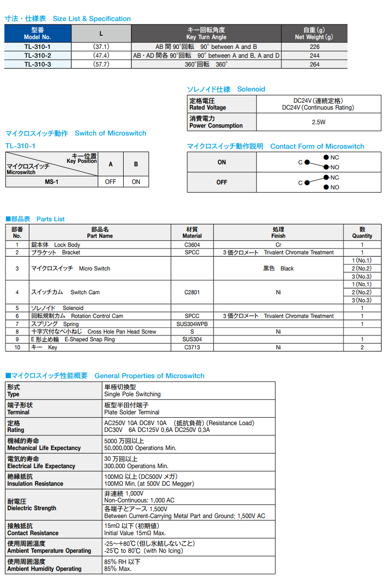 栃木屋 ソレノイド付キースイッチ TL-310-1 製品規格