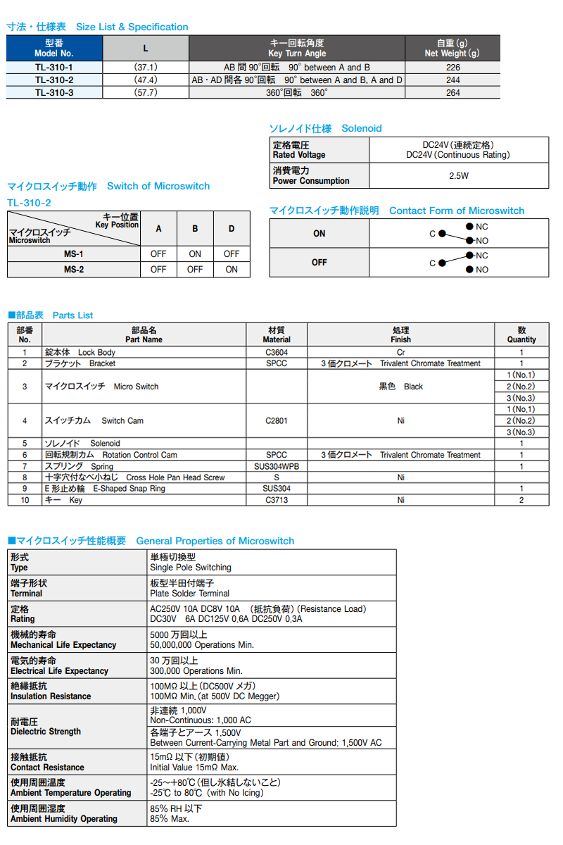 栃木屋 ソレノイド付キースイッチ TL-310-2 製品規格