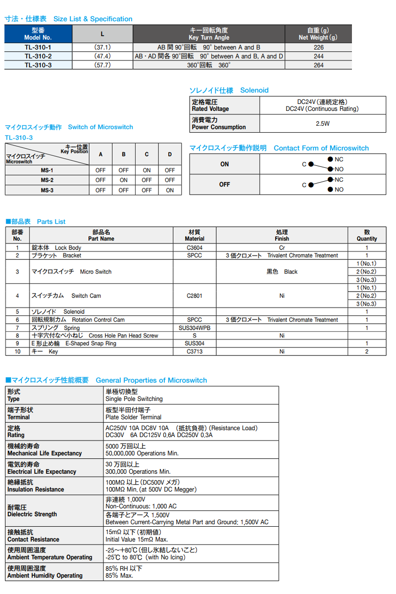 栃木屋 ソレノイド付キースイッチ TL-310-3 製品規格