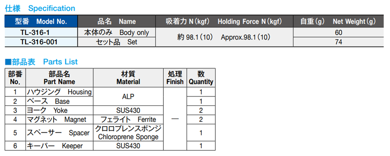 栃木屋 マグネットキャッチ本体のみ TL-316-1 製品規格