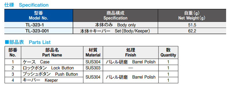 栃木屋 ステンレススライドラッチ本体のみ TL-323-1 製品規格
