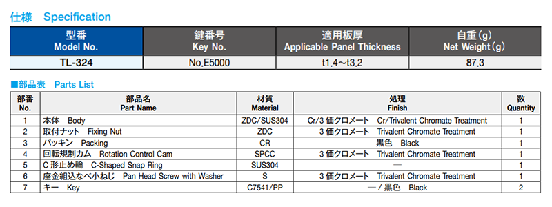 栃木屋 防水型シリンダー錠 TL-324 製品規格