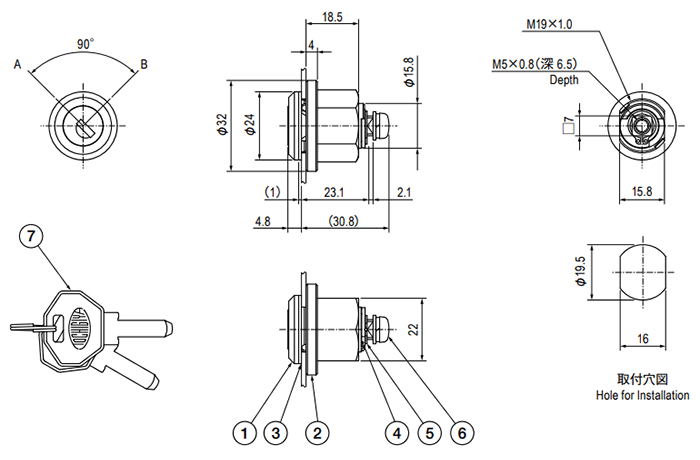 栃木屋 防水型シリンダー錠 TL-324 製品図面