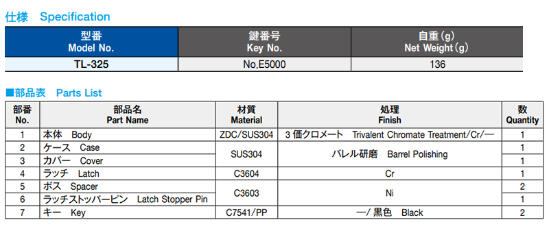 栃木屋 ラッチロック TL-325 製品規格