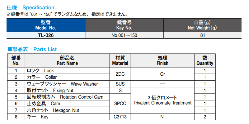 栃木屋 シリンダー錠 TL-326 製品規格