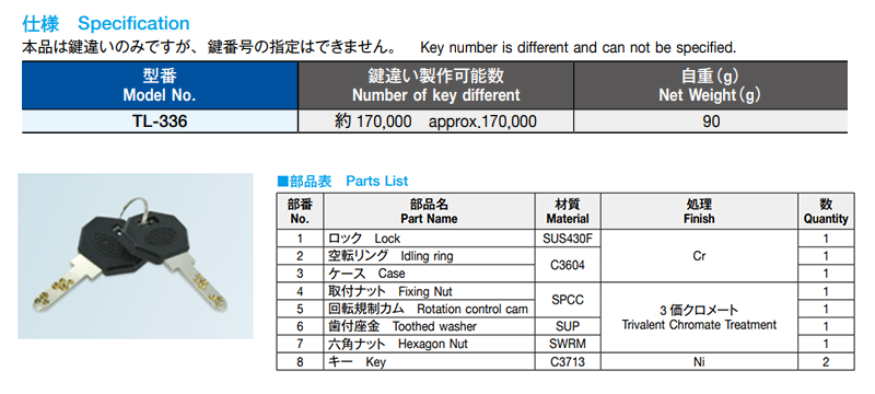栃木屋 ディンプルロック TL-336 製品規格