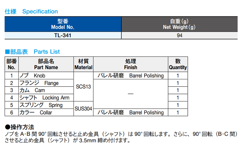 栃木屋 ファスナー TL-341 製品規格