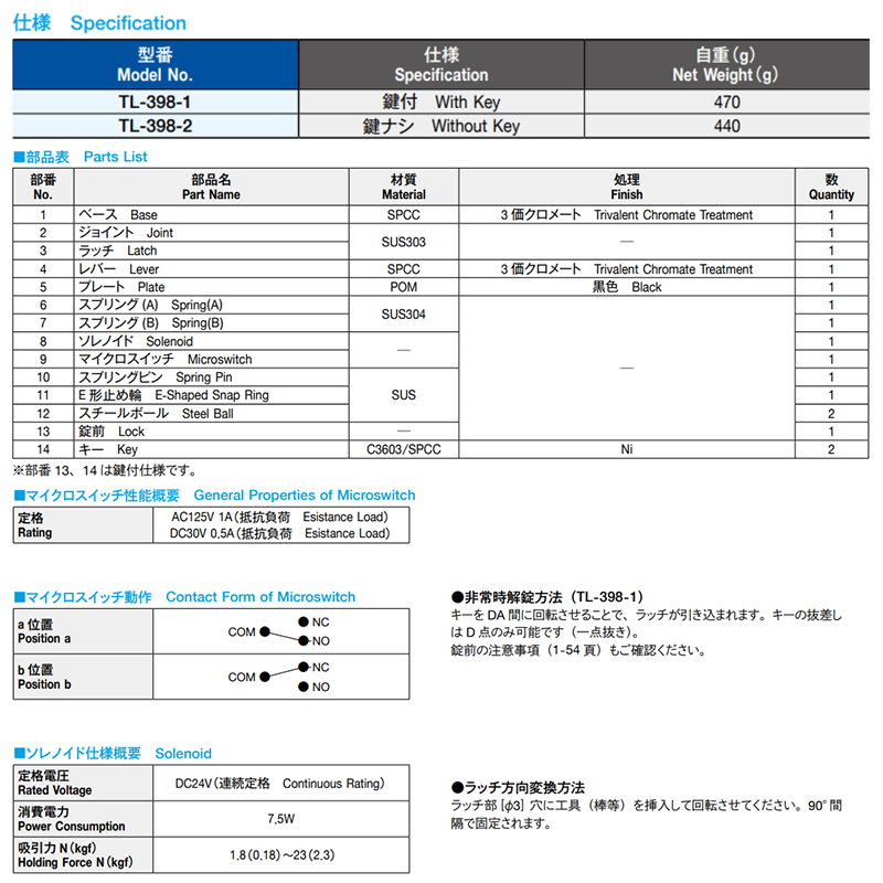 栃木屋 ソレノイドラッチ(可変型) TL-398-2 製品規格